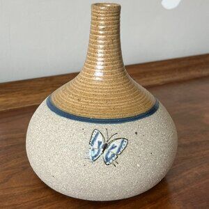 Vintage Tecpatl Art Pottery Mexican Bud Vase Blue Butterfly 6" Signed Mexico